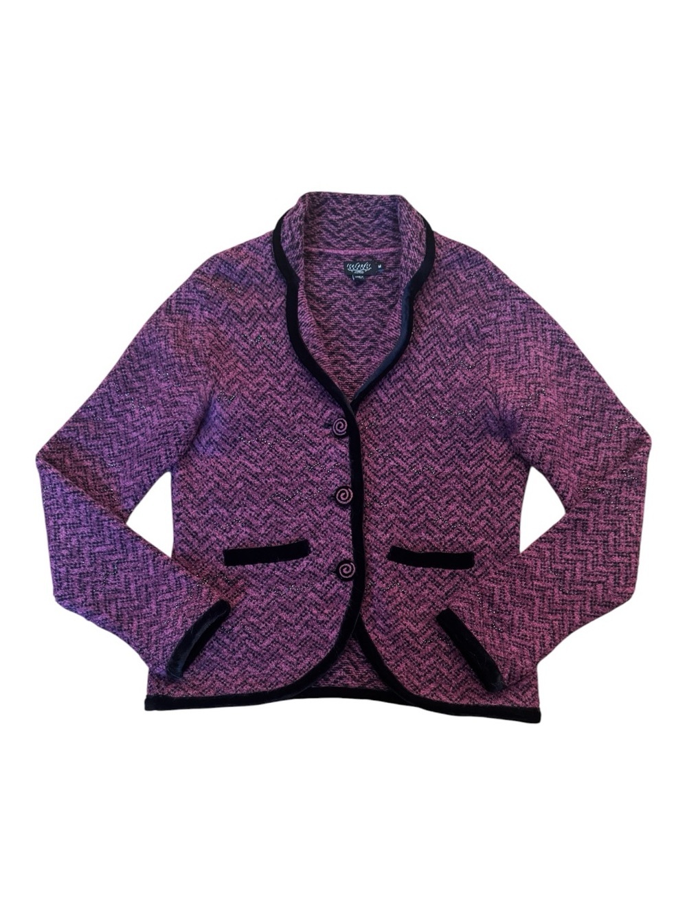 Vintage Icelandic Designs Purple Herringbone Knit Cardigan | Black Velvet Trim - Picture 2 of 11